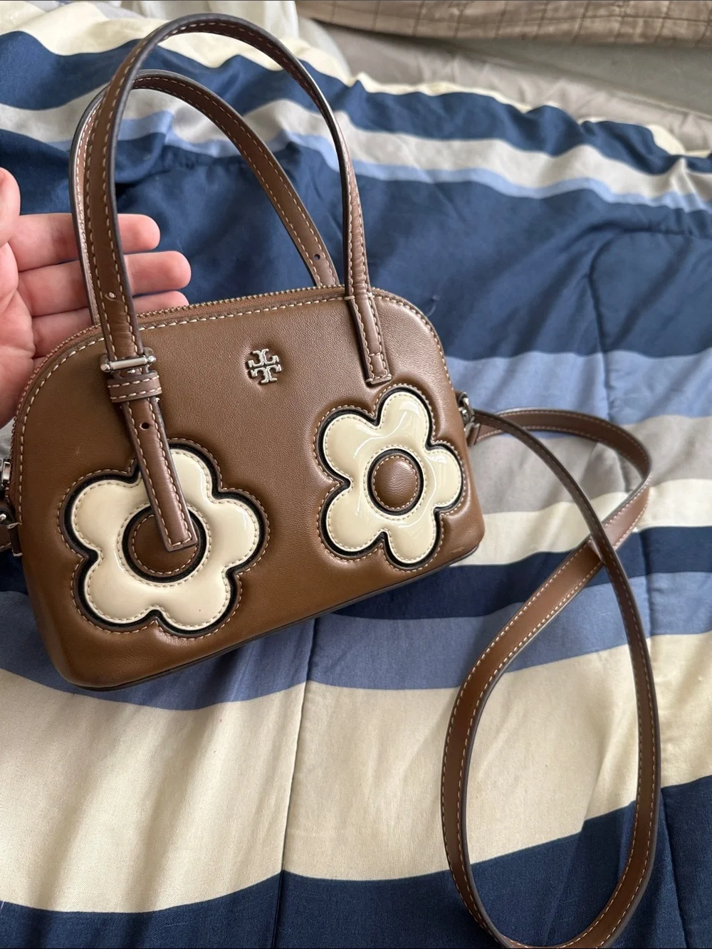 Tory Burch Emerson Floral Brown Leather Mini Satchel with Cream Floral Appliqués